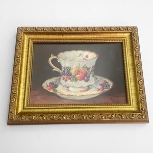 Vintage Tea Cup Print Inside Wooden Gold Frame